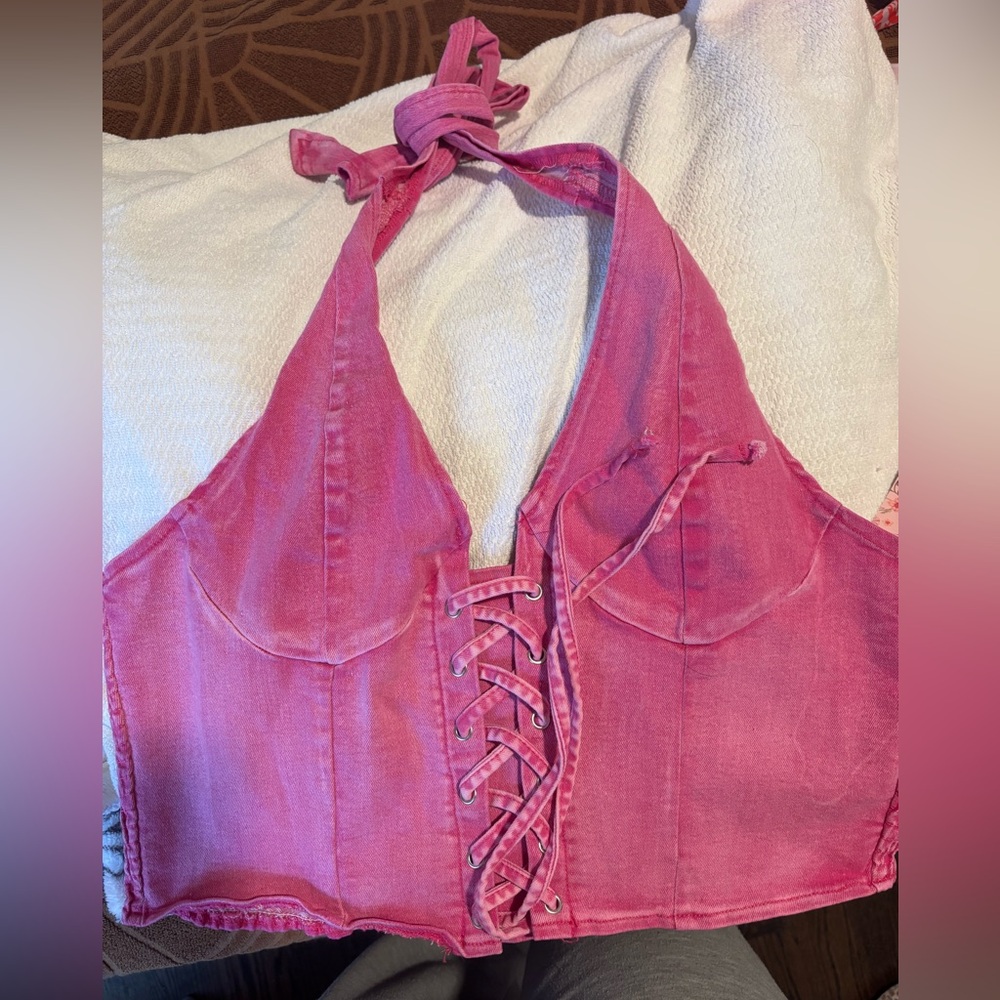 Pink Halter Lace-Up Top